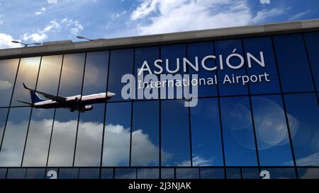 Aircraft landing at Asuncion, Paraguay, Asunción 3D rendering illustration. Arrival in the city with the glass airport terminal and reflection of jet Stock Photo