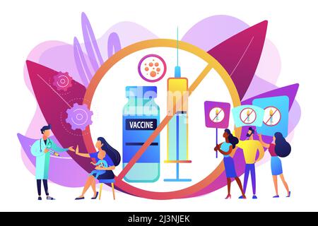Anti-vaccination protest, people rejecting preventive medicine. Vaccine refusal, mandatory immunization, vaccination hesitancy concept. Bright vibrant Stock Vector