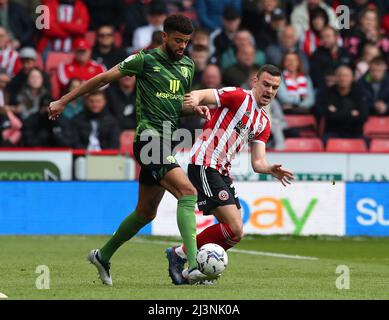 Sheffield, UK. 9th April 2022.   Philip Billing of Bournemouth  Philip Uremovic  of Sheffield Utd during the Sky Bet Championship match at Bramall Lane, Sheffield. Picture credit should read: Simon Bellis / Sportimage Credit: Sportimage/Alamy Live News Stock Photo