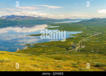 View from Mount Nuolja over Abisko and Lake Torneträsk in summer time, Abisko, Swedish Lapland, Sweden Stock Photo
