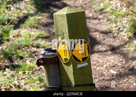 A single wooden post with a yellow arrow footpath sign disc on two faces indicating left Stock Photo
