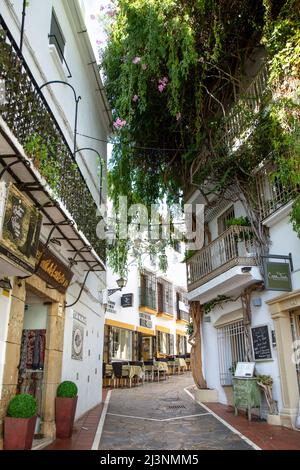 Beautiful old center of Marbella city in a sunny day of December. Restaurants, shops. Touristic destination Stock Photo