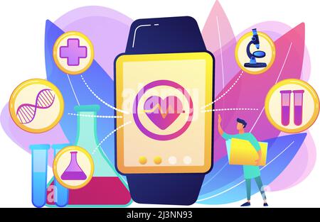 Doctor and smartwatch with heart and medical icons. Smartwatch health tracker and health monitor, activity tracking concept on white background. Brigh Stock Vector