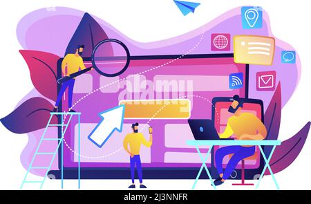 IT specialist identify user across mobile, laptop and tablet. Cross-device tracking and capability, cross-device using concept on white background. Br Stock Vector