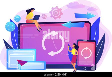 User with laptop and smartphone synchronizing. Cross-device syncing, cross-device synchronization and operation concept on white background. Bright vi Stock Vector