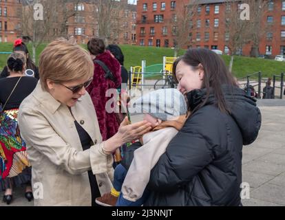 Glasgow, Scotland, UK. 9th April, 2022: First Minister of Scotland Nicola Sturgeon MSP attends the annual International Roma Day celebrations in Govanhill to celebrate Romani culture and raise awareness of the issues facing Romani people. Credit: Skully/Alamy Live News Stock Photo