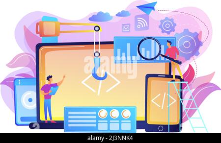 Engineer and developer with laptop and tablet code. Cross-platform development, cross-platform operating systems and software environments concept. Br Stock Vector