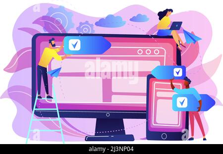 Developers use software on multiple devices. Cross-platform software, multi-platform and platform-independent software concept on white background. Br Stock Vector