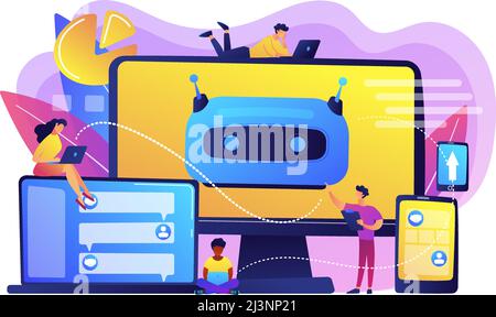 Developers building, testing and deploying chatbots on platforms. Chatbot platform, virtual assistant development, cross-platform chatbot concept. Bri Stock Vector