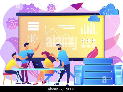 Software Engineer, Statistician, Visualizer and Analyst working on a project. Big data conference, big data presentation, data science concept. Bright Stock Vector