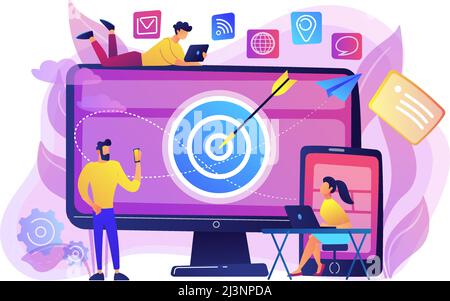 Concumers with devices get targeted ads and messages. Multi device targeting, reaching audience, cross-device marketing concept on white background. B Stock Vector
