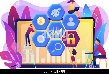 Cyber security risk analysts team reduce risks. Cyber security management, cyber security risk, management strategy concept on white background. Brigh Stock Vector