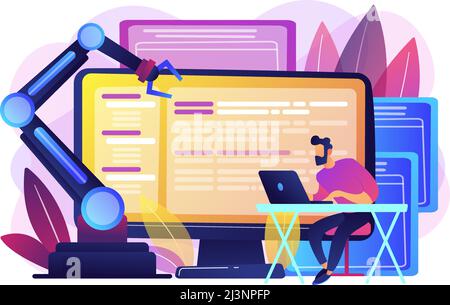 Developer at laptop and computer with open robotic soft. Open automation architecture, open source robotics soft, free development concept. Bright vib Stock Vector