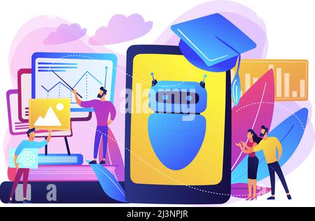 Programmers with charts make chatbot learn data from past results. Chatbot self learning, virtual assistants learning, AI machine learning concept. Br Stock Vector