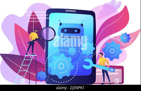 Developers with wrench work on chatbot application development. Chatbot app development, bot development framework, chatbot programming concept. Brigh Stock Vector