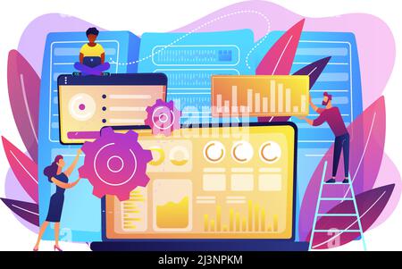 Laptop with data visualization software and developers working. Big data visualization, big data analytics, visualization software concept. Bright vib Stock Vector