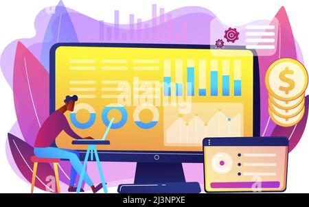 Data analyst consolidating financial information and reports on computer. Financial data management, financial software, digital data report concept. Stock Vector