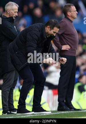 Liverpool, UK. 9th April 2022.    Frank Lampard manager of Everton reacts after the Premier League match at Goodison Park, Liverpool. Picture credit should read: Darren Staples / Sportimage Stock Photo