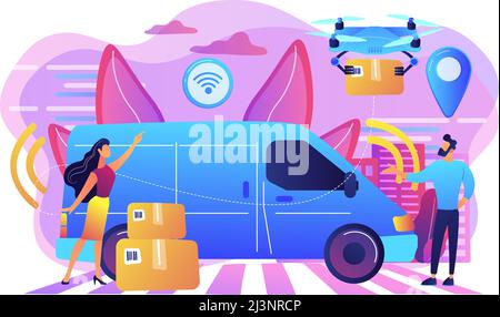 Autonomous delivery van with sensors and drone delivering parcel. Autonomous courier, driverless delivery service, modern parcel services concept. Bri Stock Vector