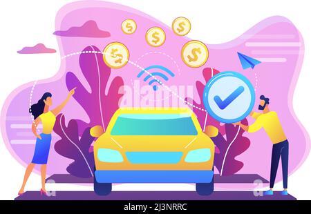 Business people paying in vehicle equiped with in-car payment system. In vehicle payments, in-car payment technology, modern retail services concept. Stock Vector