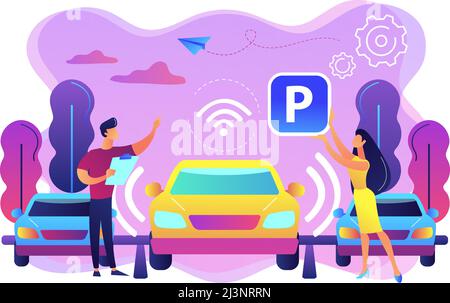 Self-driving car with sensors automatically parked in parking lot. Self-parking car system, self-parking vehicle, smart parking technology concept. Br Stock Vector