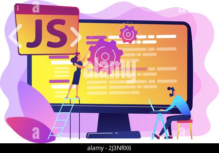 Programmers using JavaScript programming language on computer, tiny people. JavaScript language, JavaScript engine, JS web development concept. Bright Stock Vector