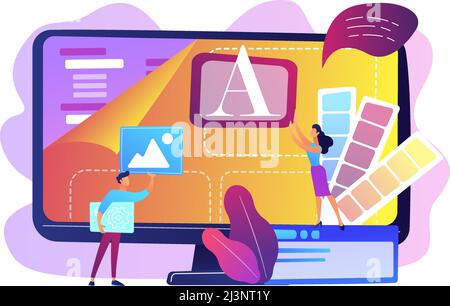 Programmers at computer using low code platform on computer, tiny people. Low code development, low code platform, LCDP easy coding concept. Bright vi Stock Vector