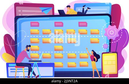 Tiny people developers at laptop and customer requirements. Software requirement description, user case agile tool, business analysis concept. Bright Stock Vector