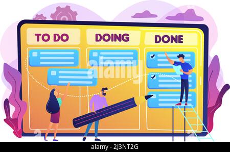 Tiny business people and manager at tasks and goals accomplishment chart. Task management, project managers tool, task management software concept. Br Stock Vector