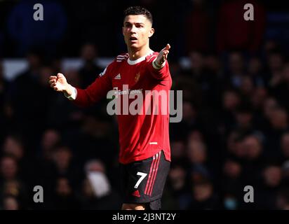 Liverpool, UK. 9th April 2022.   Cristiano Ronaldo of Manchester United reacts during the Premier League match at Goodison Park, Liverpool. Picture credit should read: Darren Staples / Sportimage Stock Photo