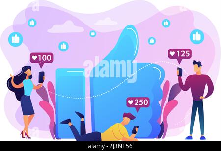 Tiny business people with smartphones and tablet get like notifications. Likes addiction, thumbs-up dependence, social media madness concept. Bright v Stock Vector