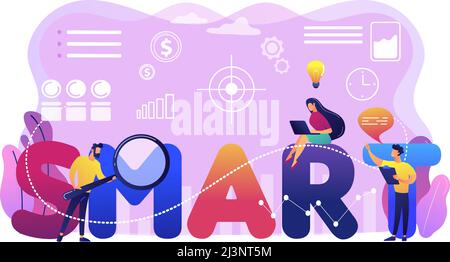Tiny business people working on goals and sitting on smart word. SMART Objectives, objective establishment, measurable goals development concept. Brig Stock Vector