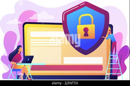Tiny people businessman with shield protecting data on laptop. Data privacy, information privacy regulation, personal data protection concept. Bright Stock Vector