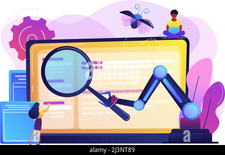 Laptop and software assisting in testing process, tiny people testers. Automated testing, automotive executed test, software auto tester concept. Brig Stock Vector