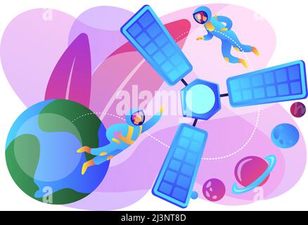 Tiny people astronauts in outer space and satellite orbiting the Earth. Satellite launch, orbital launch system, carrier rocket start concept. Bright Stock Vector