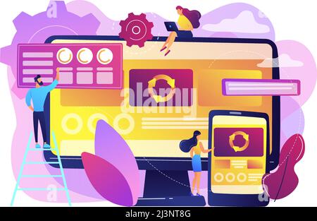 Developers at computer and smartphone working on single page app, tiny people. Single page application, SPA web page, web development trend concept. B Stock Vector