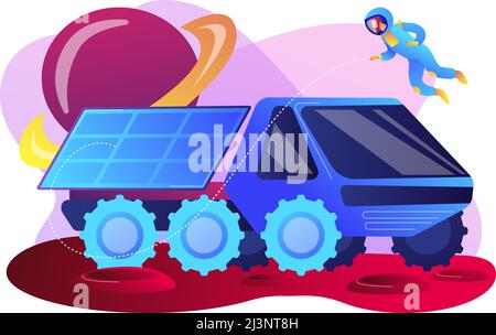 Mars rover examining territory and doing scientific research and astronaut. Mars rover, new planet exploration, revolution technology concept. Bright Stock Vector