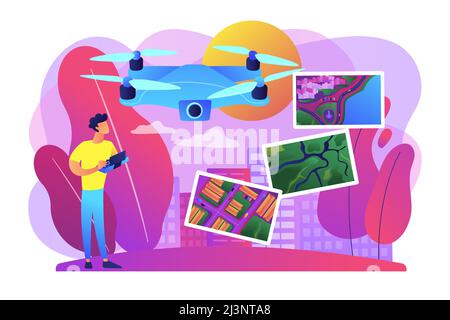 Drone, quadcopter operator, pilot making photos. UAV with camera. Aerial photography, air survey services, drone photo of your event concept. Bright v Stock Vector