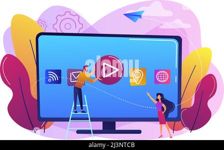 Tiny people at huge smart television with application icons on display. Smart TV technology, internet television, online tv sreaming concept. Bright v Stock Vector