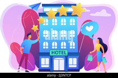 Business people with rating stars like the stylish boutique hotel. Boutique hotel, ultra-personalized service, high-end residential concept. Bright vi Stock Vector