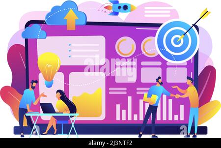Tiny business analysts discussing ideas at laptop with data. Data initiative, occupation in metadata study, data driven startup concept. Bright vibran Stock Vector