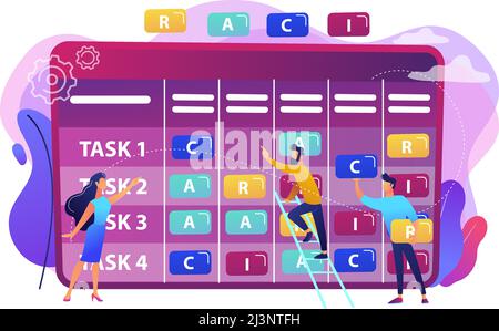 Tiny business people at responsibility chart with tasks. RACI matrix, responsibility assignment matrix, linear responsibility chart concept. Bright vi Stock Vector