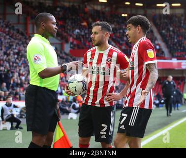 Sheffield, UK. 9th April 2022.   Morgan Gibbs-White of Sheffield Utd and George Baldock of Sheffield Utd complain to the assistant referee when a penalty wasn’t awarded during the Sky Bet Championship match at Bramall Lane, Sheffield. Picture credit should read: Simon Bellis / Sportimage Credit: Sportimage/Alamy Live News Stock Photo