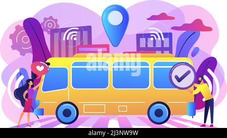 Passengers like and approve autonomos robotic driverless bus. Autonomous public transport, self-driving bus, urban transport services concept. Bright Stock Vector