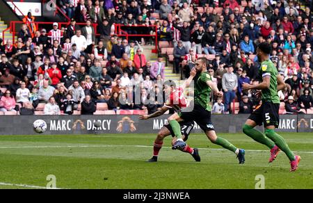 Sheffield, UK. 9th April 2022.  Morgan Gibbs-White of Sheffield Utd has his shot saved during the Sky Bet Championship match at Bramall Lane, Sheffield. Picture credit should read: Andrew Yates / Sportimage Credit: Sportimage/Alamy Live News Stock Photo