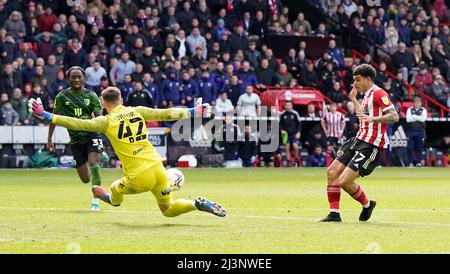 Sheffield, UK. 9th April 2022.  Morgan Gibbs-White of Sheffield Utd has his shot saved during the Sky Bet Championship match at Bramall Lane, Sheffield. Picture credit should read: Andrew Yates / Sportimage Credit: Sportimage/Alamy Live News Stock Photo