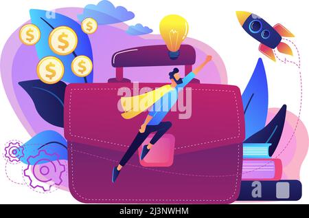 Superhero businessman flying high and big briefcase. Leadership, career growth and success, motivation concept on white background. Bright vibrant vio Stock Vector