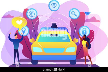 Businessman likes autonomous driverless car with smart technology icons. Autonomous driving, self-driving car, future transport system concept. Bright Stock Vector