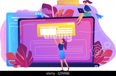 A girl makes a post on big laptop. Bloger is shareing information in weblog, online journal or informational website. Bloging and personal web log con Stock Vector