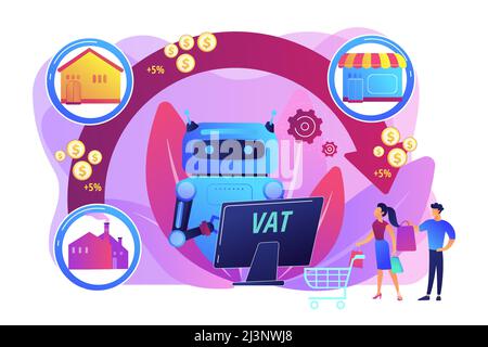 Artificial intelligence, ai calculating taxation multiplier. Value added tax system, VAT number validation, global taxation control concept. Bright vi Stock Vector